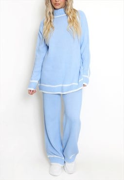 High Neck Knitted Jumper And Wide Leg Trouser Set In Sky Blu