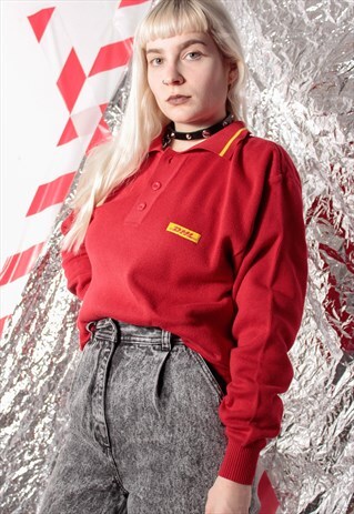 90S GRUNGE Y2K GOTH WORKWEAR DHL UTILITY RED KNIT JUMPER TOP