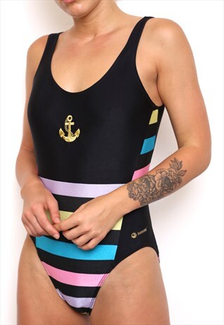 VINTAGE 90S PASTEL STRIPED ANCHOR SWIMSUIT