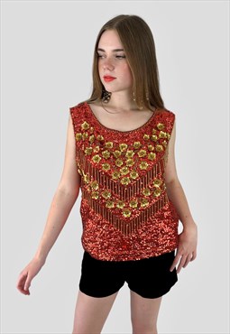 50's Red Sequin Gold Floral Sleeveless Wool Top Evening