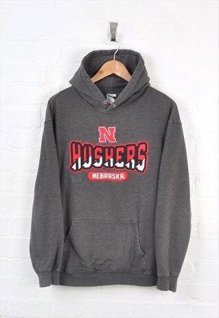 VINTAGE NEBRASKA HUSKERS HOODIE GREY MEDIUM