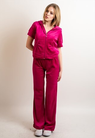 Short Sleeves Velour Tracksuits with hoodie in hot pink 