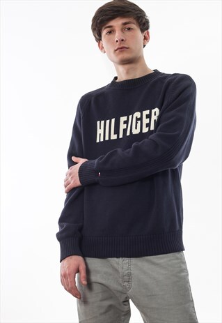 VINTAGE TOMMY HILFIGER SWEATER 90S NAVY BLUE BIG LOGO
