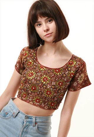 90S VINTAGE INDIAN FLORAL CROP TOP 949