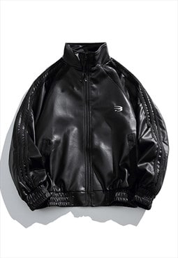 Faux leather sports jacket PU college varsity jacket black