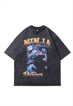 Ninja t-shirt old anime print tee retro Japanese top in grey