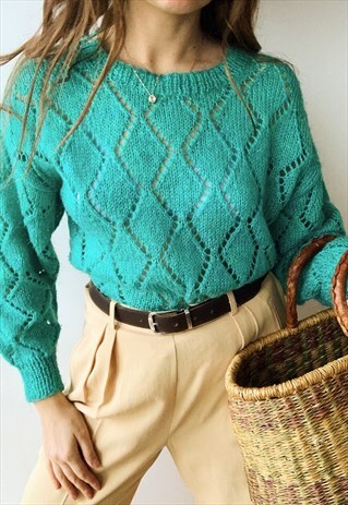VINTAGE 80S SHEER HANDMADE KNIT JUMPER SWEATER GREEN