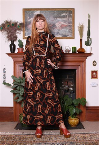 VINTAGE 70S BLACK ART NOUVEAU PRINT LACE MAXI DRESS