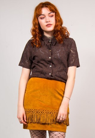 VINTAGE 90'S BROWN FLORAL LACE MESH SHIRT BLOUSE