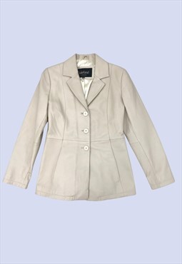 Beige Cream Soft Leather Collared Button Fitted Jacket 