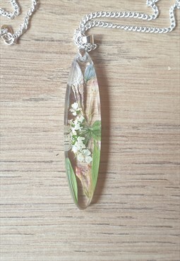 Dried flower pendant necklace with silver chain