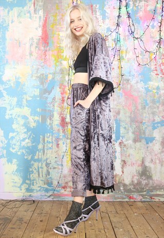 PEG PANTS & TASSEL KIMONO CO-ORDINATES PURPLE GREY VELVET
