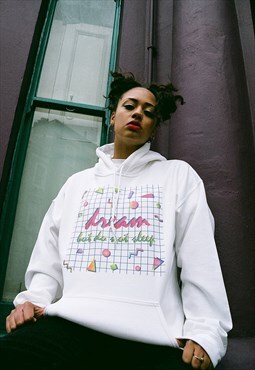 90s Grid Design Printed On A White Cotton Hoodie