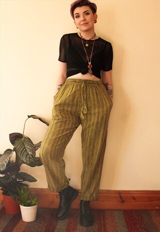 FAIRTRADE LIGHT GREEN STRIPED COTTON DRAWSTRING TROUSERS