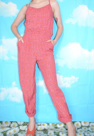 VINTAGE 90'S RED MULTI-COLOURED PRINT JUMPSUIT