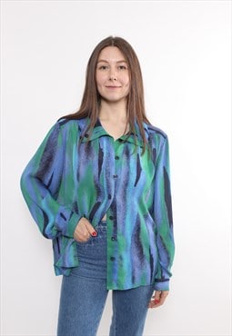 90s abstract blue blouse, vintage multicolor retro style top