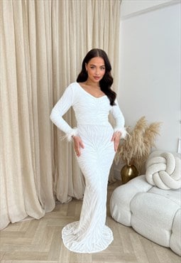Luminous White Luxe Sequin Long Sleeve Feather Maxi Dress