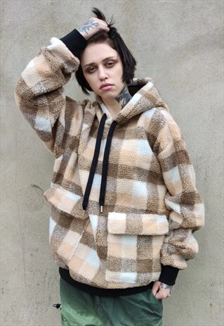 TARTAN FLEECE HOODIE CHECK PRINT FLUFFY PULLOVER IN BROWN