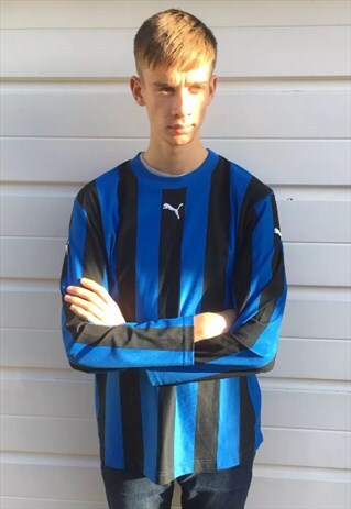 MENS VINTAGE BLUE BLACK PUMA LONG SLEEVE FOOTBALL SHIRT TOP