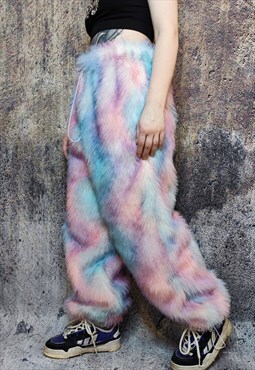 Tie-dye faux fur joggers fleece trousers festival pants pink