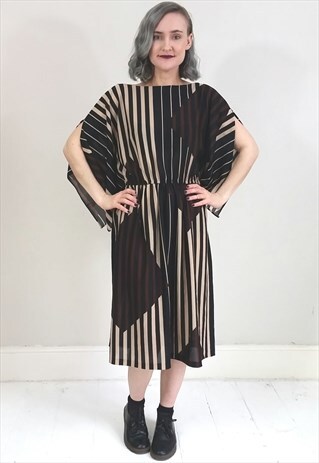 VINTAGE 70'S BROWN STRIPED SLASH SLEEVE LIGHTWEIGHT DRESS