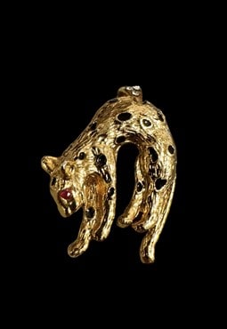 80's Vintage Panther Gold Metal Brooch Necklace Pendant