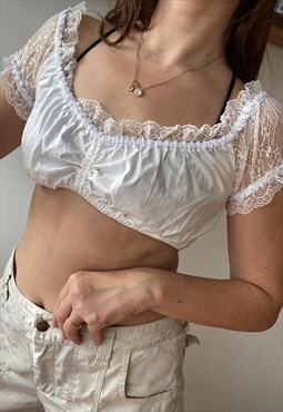 Vintage 90s lace ruffle Milkmaid blouse crop top