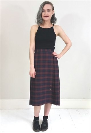 VINTAGE 80'S BURGUNDY AND NAVY TARTAN WRAP SKIRT
