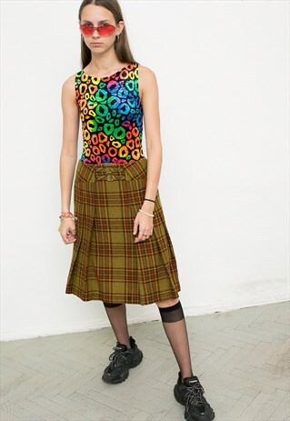 VINTAGE WOOL MIDI SKIRT GREEN CHECK PATTERN OVER KNEE