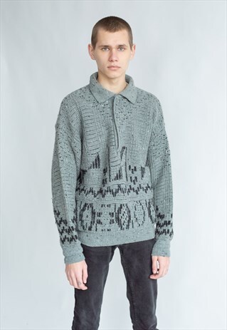 VINTAGE 80S DADS POLO NECK GRANDADS JUMPER IN GREY