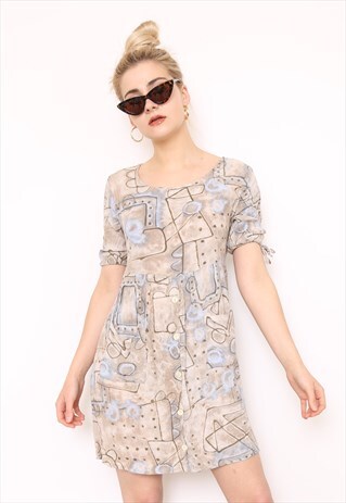 VINTAGE 90S BROWN BLUE GRAPHIC PRINT MINI DRESS
