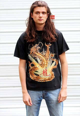 1990'S VINTAGE BLACK GRAPHIC CHINESE DRAGON PRINT T-SHIRT