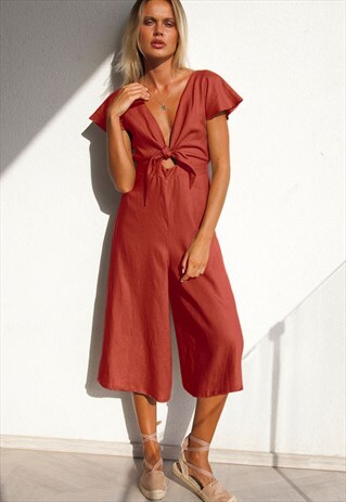 LOOSE FIT LINEN JUMPSUIT WITH WIDE LEG CULOTTE IN MAROON