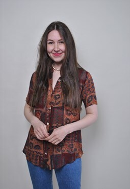 Fall print blouse, brown floral shirt, short sleeve nature 