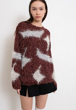 Vintage Sweater Fuzzy Burgundy Jumper Crochet 90s