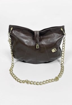 70's Vintage Brown Leather GG Ladies Bag Gold Chain Strap