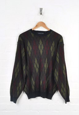 Vintage Knitted Jumper Patterned Khaki/Red Medium