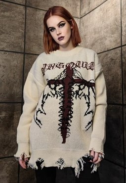 Gothic sweater 90s pattern chunky knit ripped jumper cream