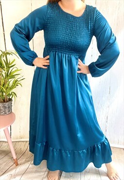 Vintage Teal Blue Satin Tiered 90's Maxi Dress