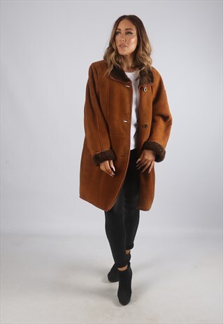 VINTAGE SHEEPSKIN SUEDE SHEARLING COAT SHORT MID UK 16 (9BG)