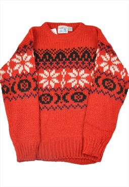 Vintage Hand Knitted Jumper Retro Pattern Red Small