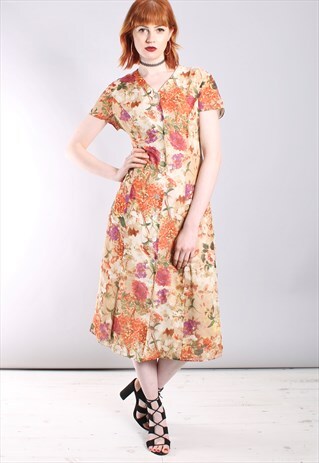 VINTAGE 90S FLORAL SILK CHIFFON TIE BACK BUTTON MIDI DRESS