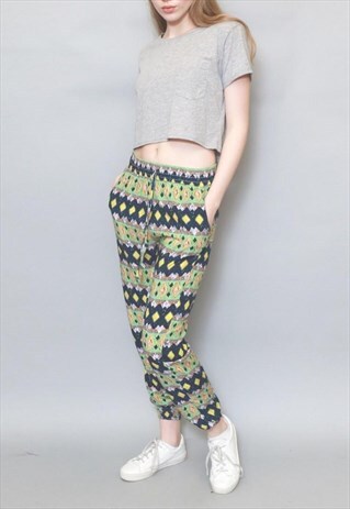 VINTAGE 1990'S AZTEC PRINT BLUE AND GREEN COMFY TROUSERS