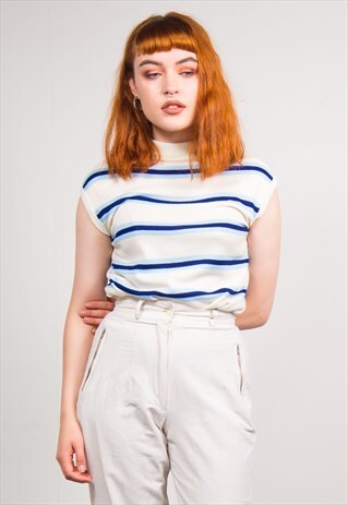 VINTAGE 90'S BLUE STRIPED KNIT SLEEVELESS HIGH NECK TOP