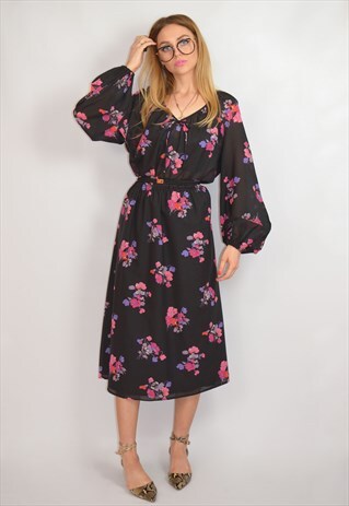 VINTAGE 70S BLACK & PINK FLORAL PRINT BOHO MIDI DRESS