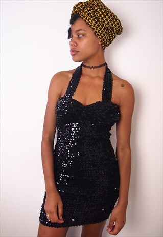 BLACK SEQUENCE HALTER DRESS