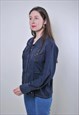 WOMEN VINTAGE CASUAL BLUE BLOUSE WITH STRIPED SLEEVE 