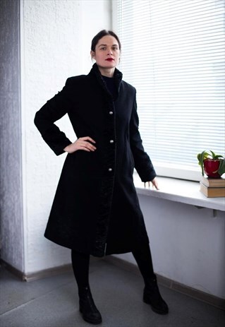 VINTAGE 80'S BLACK WOOL FAUX FUR TRIM HIGH COLLAR COAT