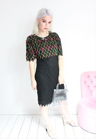 VINTAGE 90S SEQUIN AND BEADED BLACK EVENING DRESS