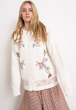 Vintage Cardigan Sweater White Floral Embroidery 90s